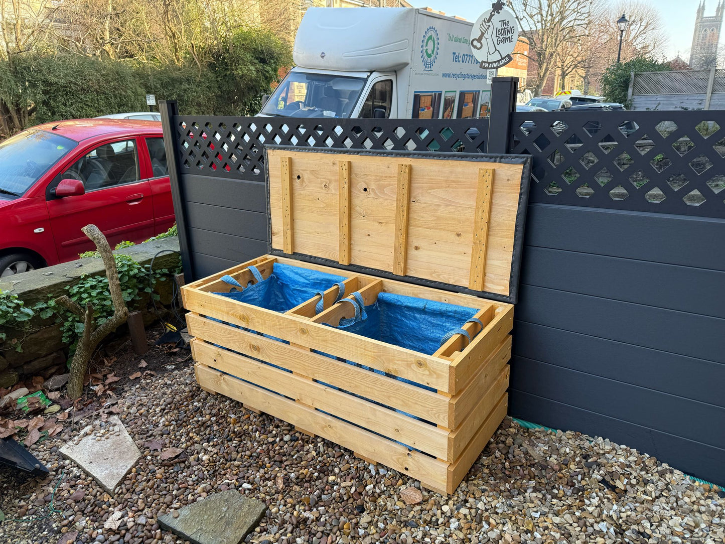 Single Slatted Recycling Bench with EPDM Lid, holds two recycling bags
