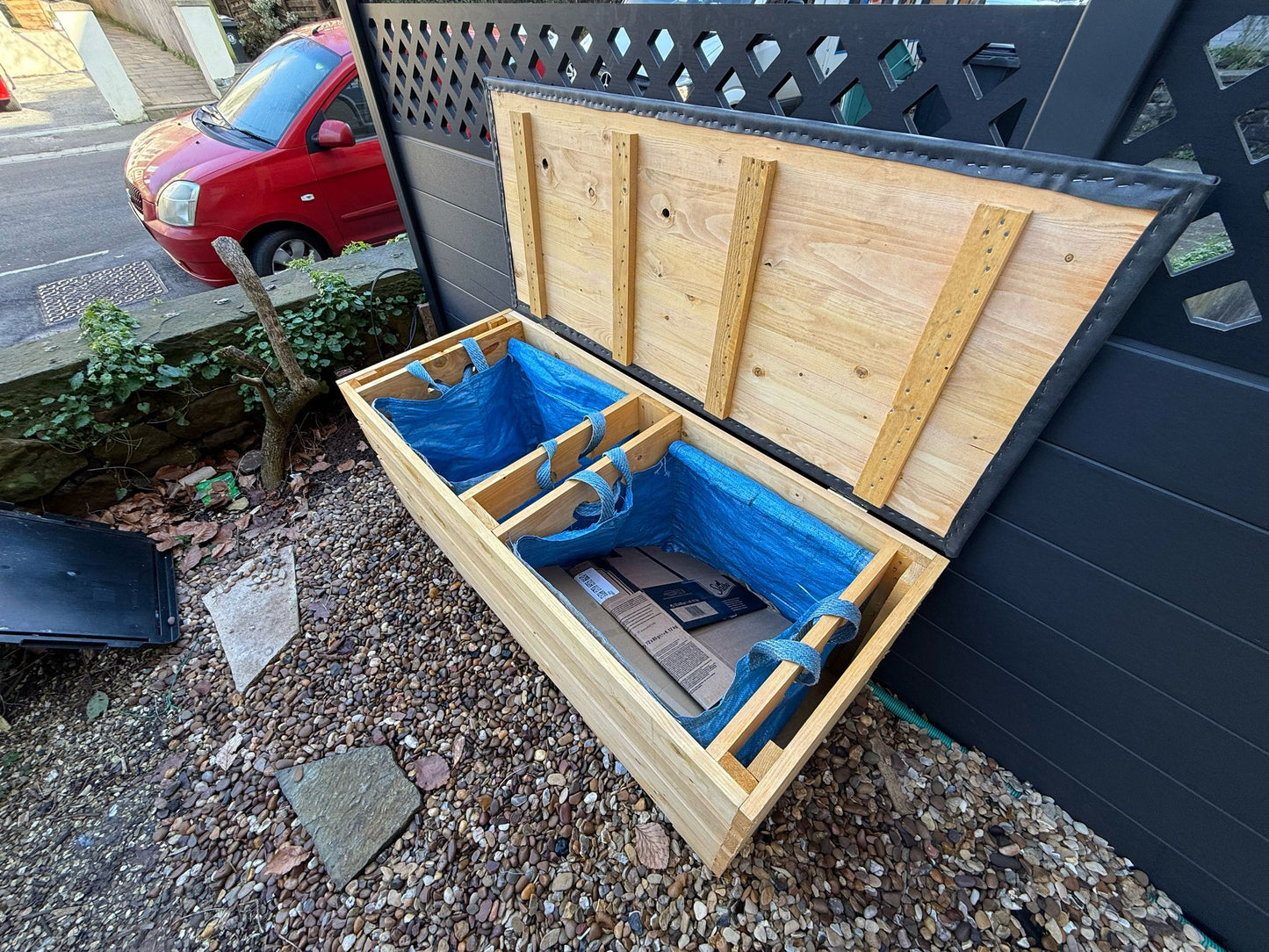 Single Slatted Recycling Bench with EPDM Lid, holds two recycling bags