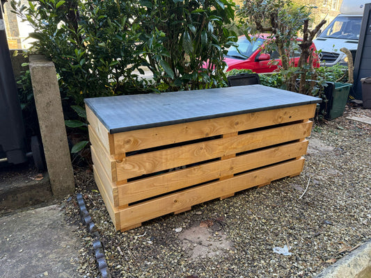 Single Slatted Recycling Bench with EPDM Lid, holds two recycling bags