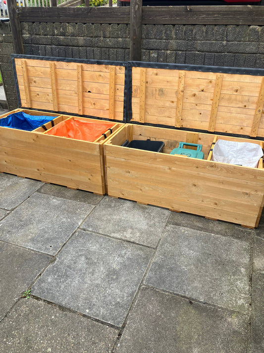 Two Solid Recycling Storage Benches with Waterproof Lids. Flat Pack.